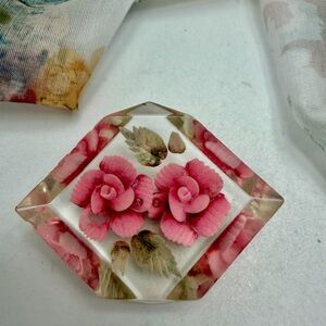 Vintage Floral Reversed Carved Pink and Green